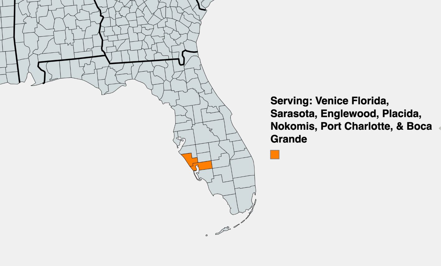 Map of Our Service Areas Serving Venice Florida, Sarasota Florida, Nokomis Florida, Port Charlotte, Englewood Florida, Placida Florida, Boca Grande